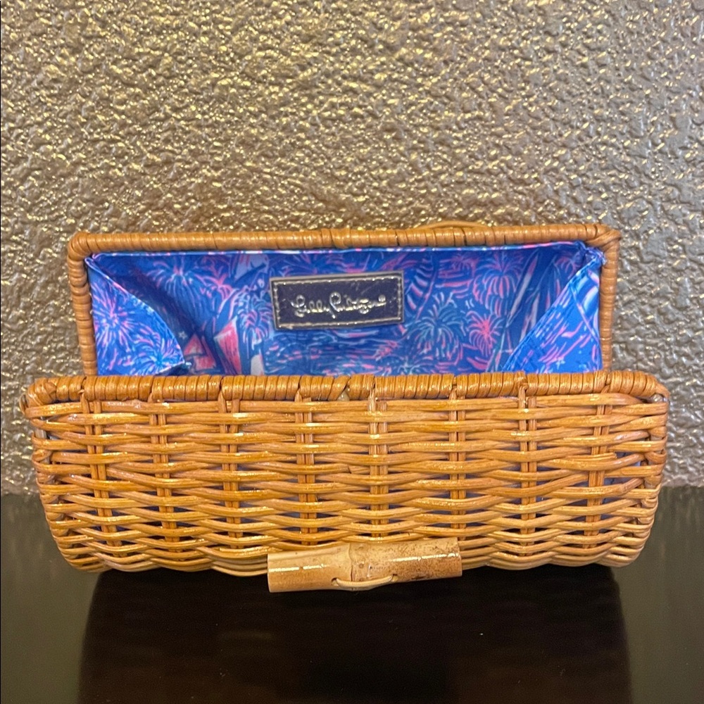 Lilly Pulitzer Woven Rattan Clutch with Blue & Pink Tropical Lining